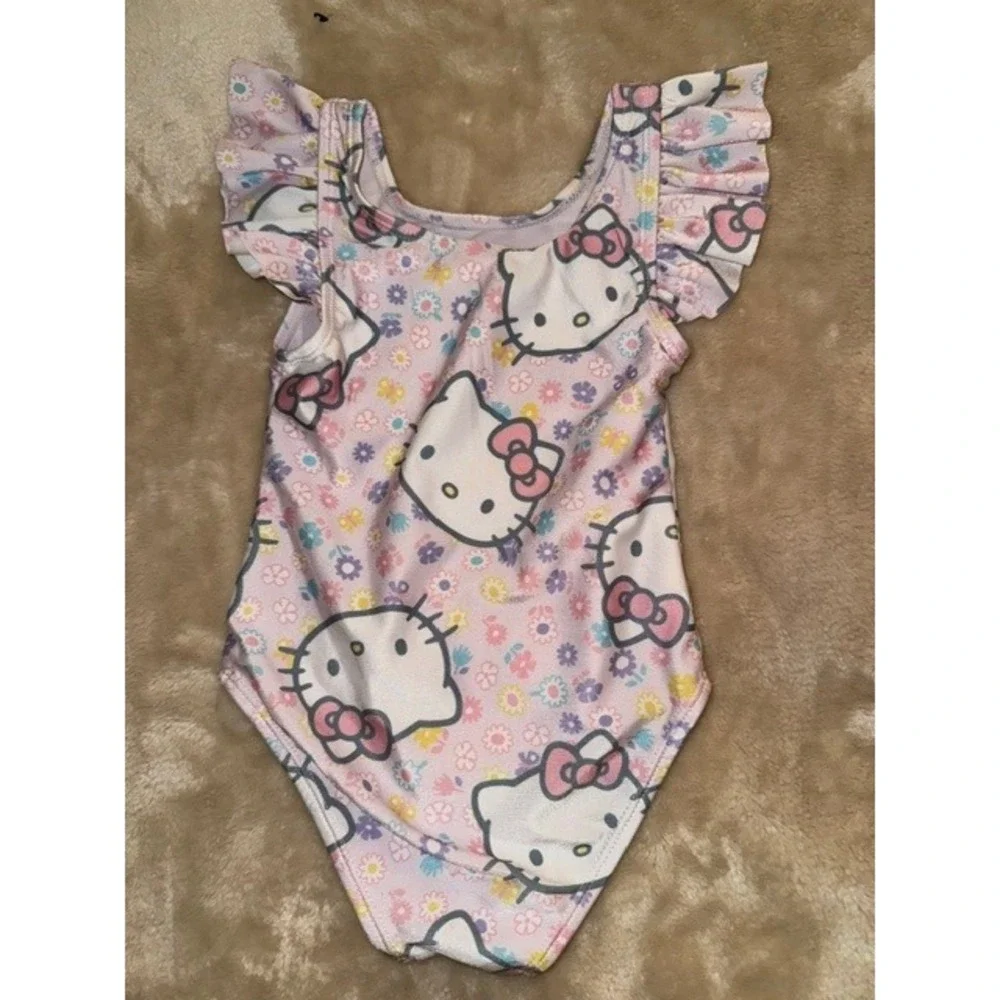 Hello Kitty Sanrio Toddler Girls Pink Floral Ruffle One Piece Swimsuit 2T (E)
